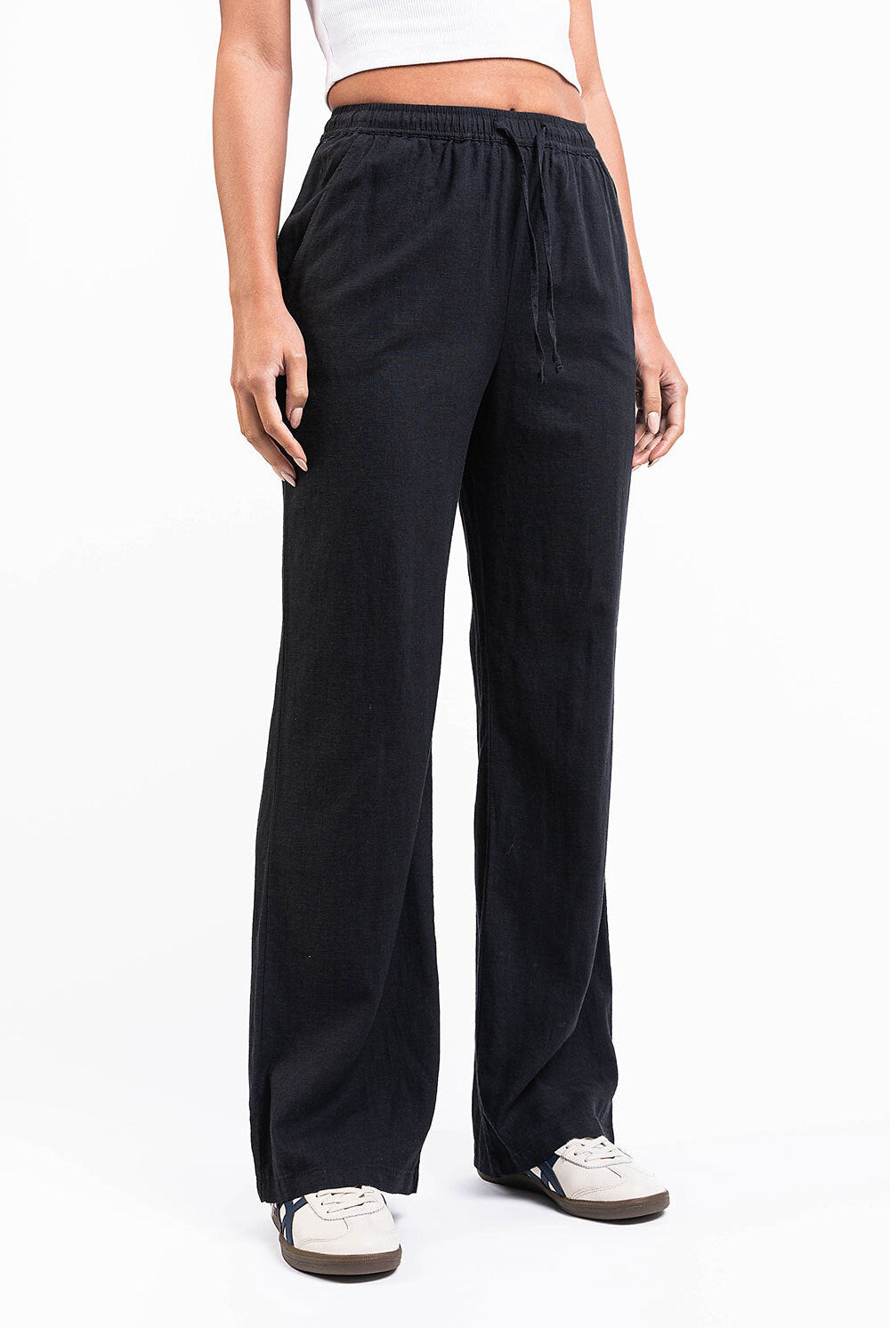 Mila 01High Straight Linen Pants - Black